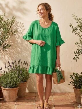 Piazza Del Tempio Green 100% Linen Ruffle Oversize Tunic Dress size L 0373